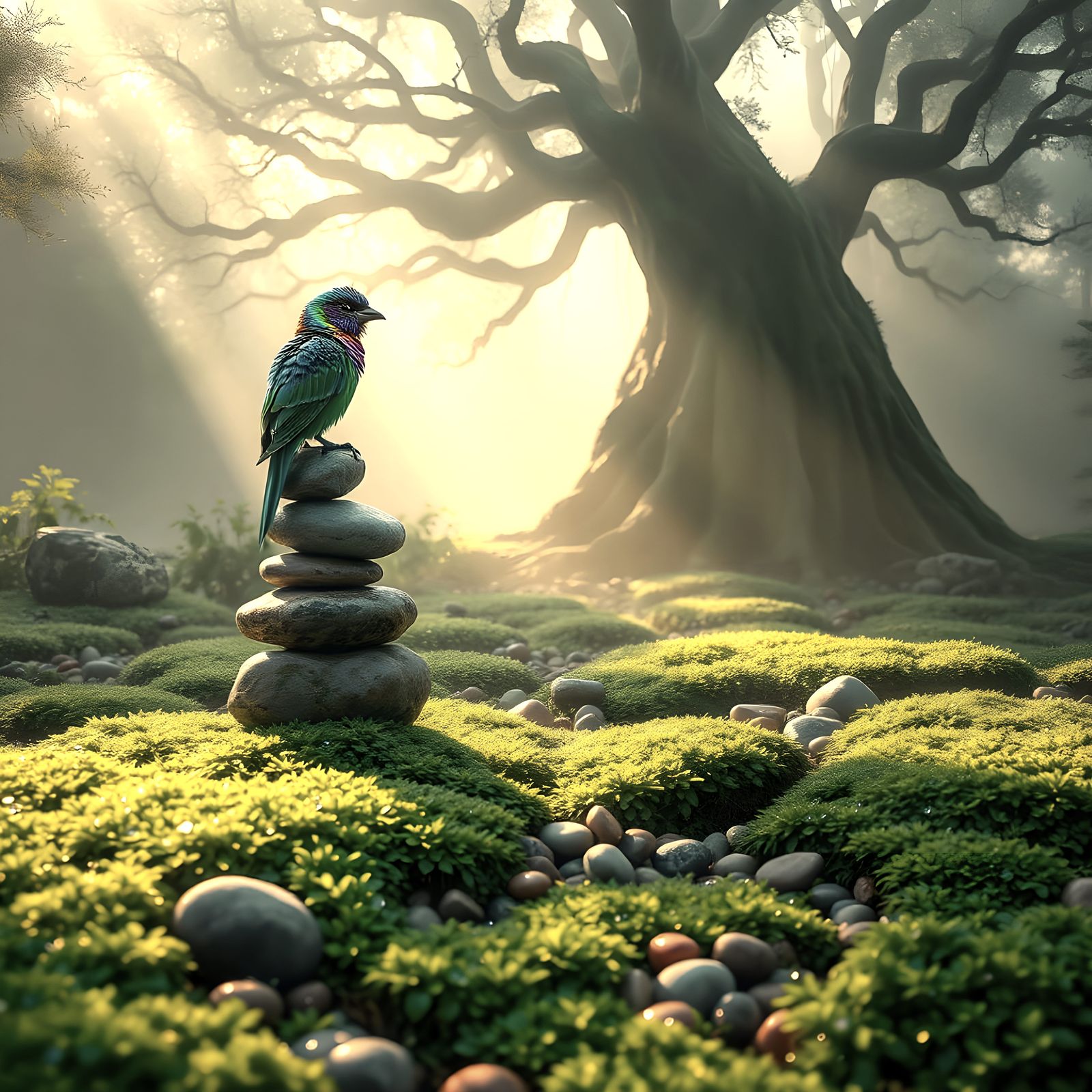 Enchanted Forest Floor with Majestic Bird and Silhouette Tre...