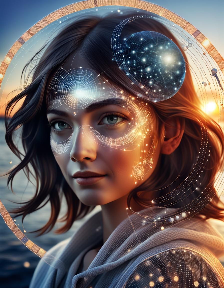 Anthropomorphic Silhouette at Sunrise with Ship and Networks