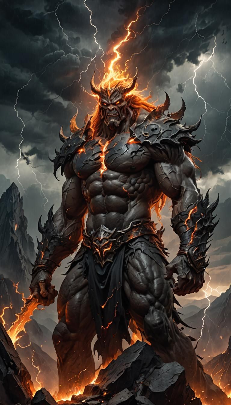 Grim Stone God Krom in Dark Fantasy Landscape