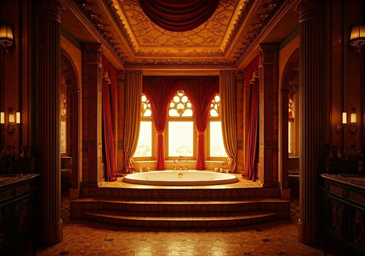 Bohemian Chic Bathroom with Sunken Tub in Hyperrealistic Sty...