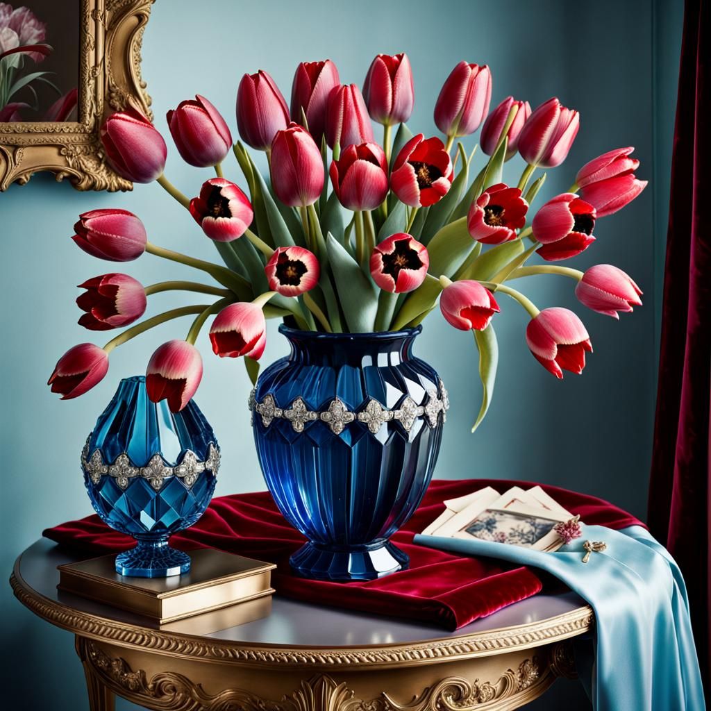 crystal bouquet of crystal flowers in a opulent blue crystal...