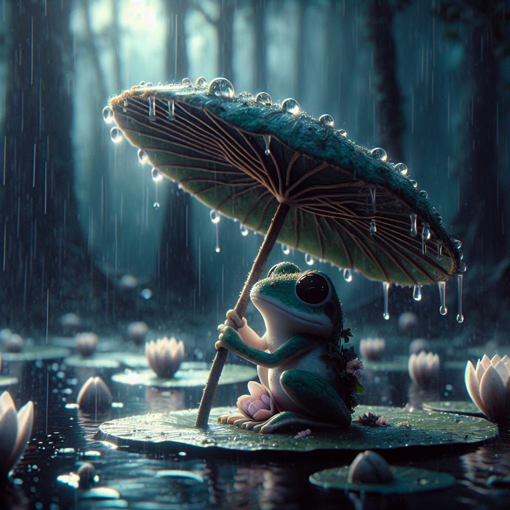 Adorable Frog Under Lilypad Umbrella in Rainy Forest