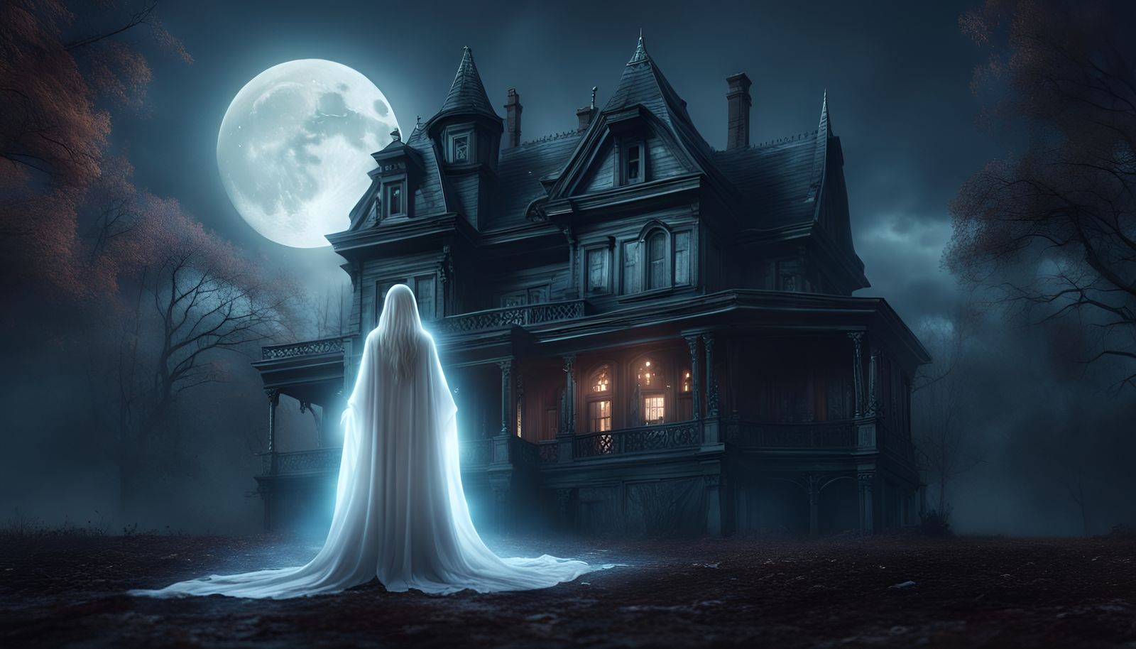 Ghostly Woman Haunts House in Moonlight: Fantasy Art