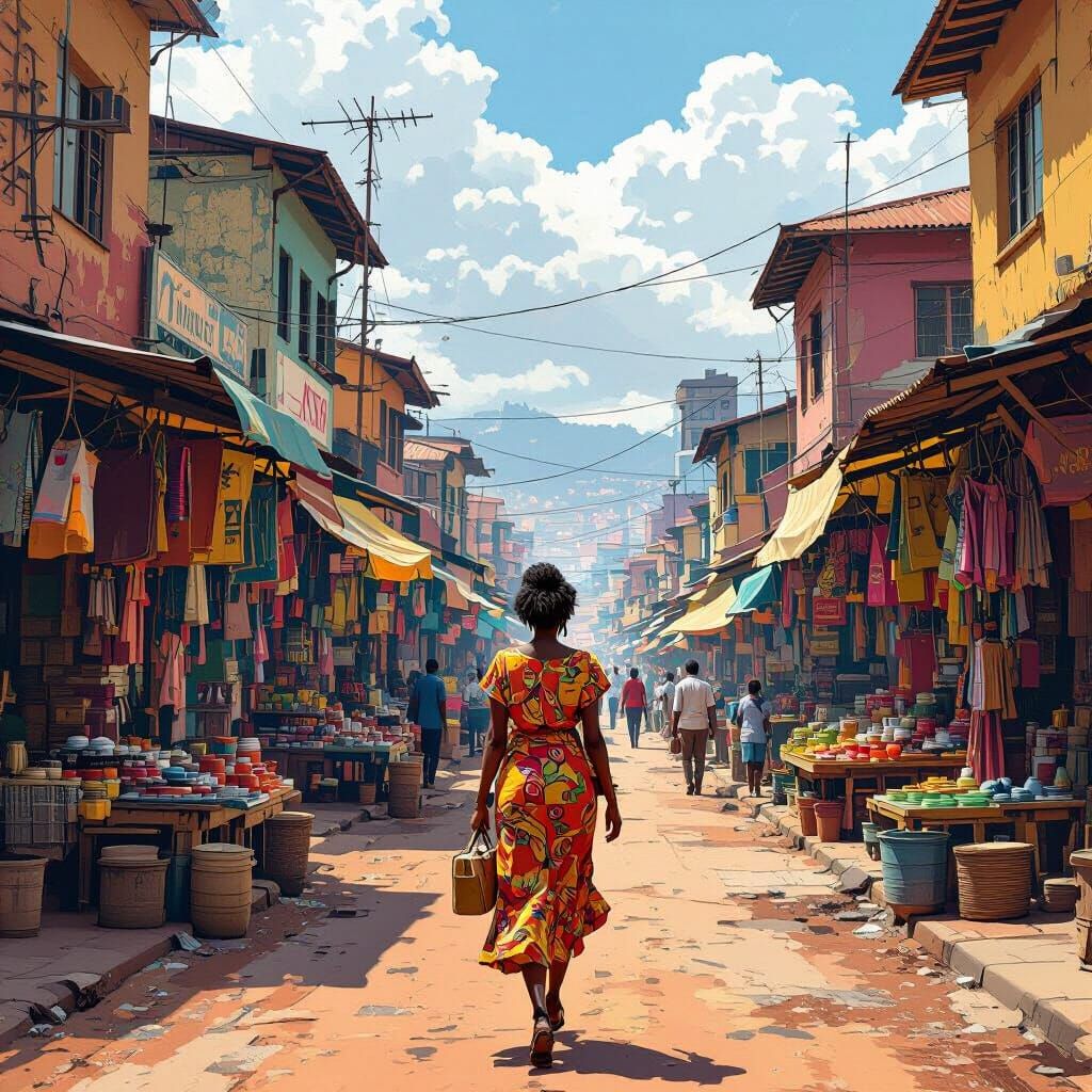 Nairobi Cityscape with Vibrant Market, Digital Collage Art