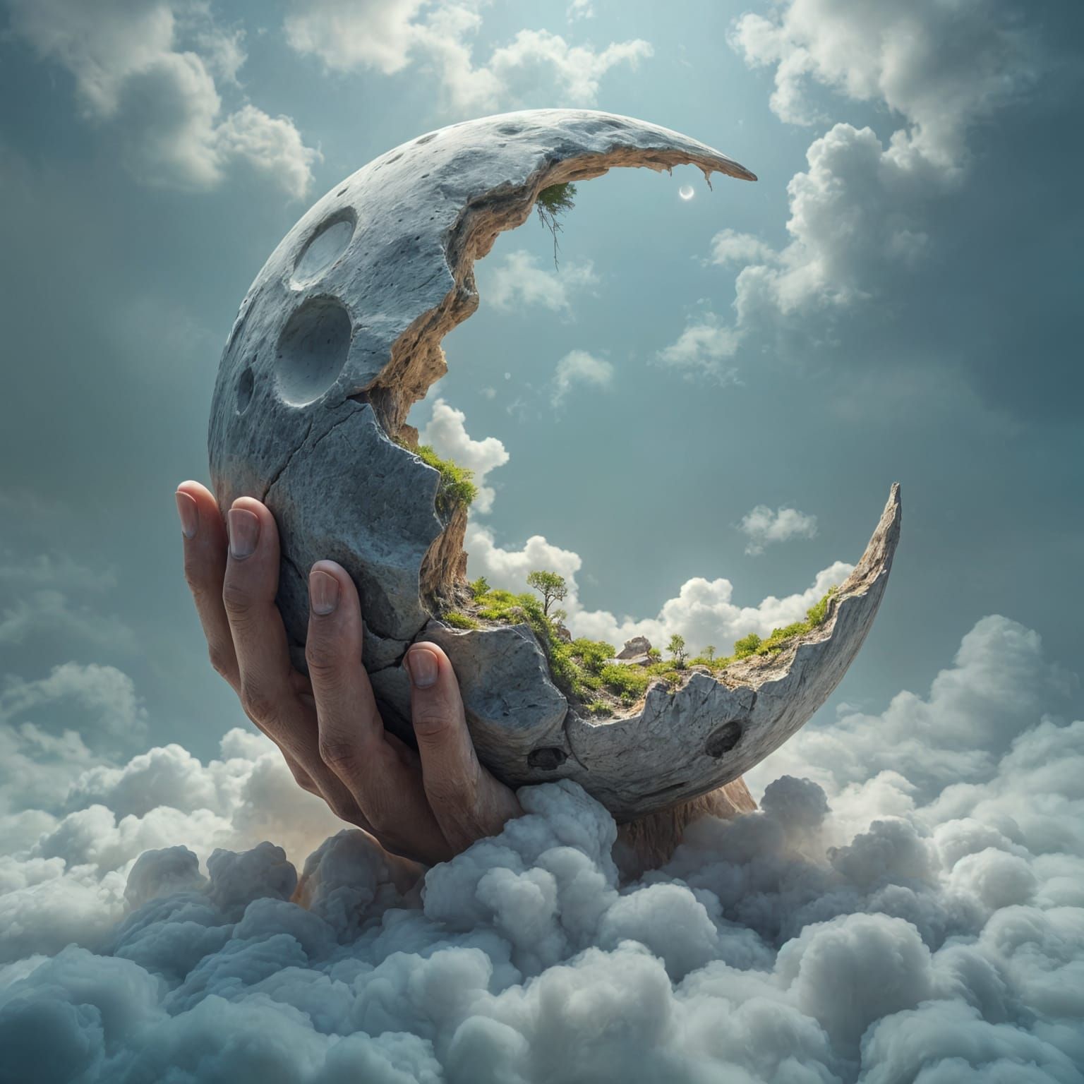 Surreal Hand Cradling Moon with Interior Forest