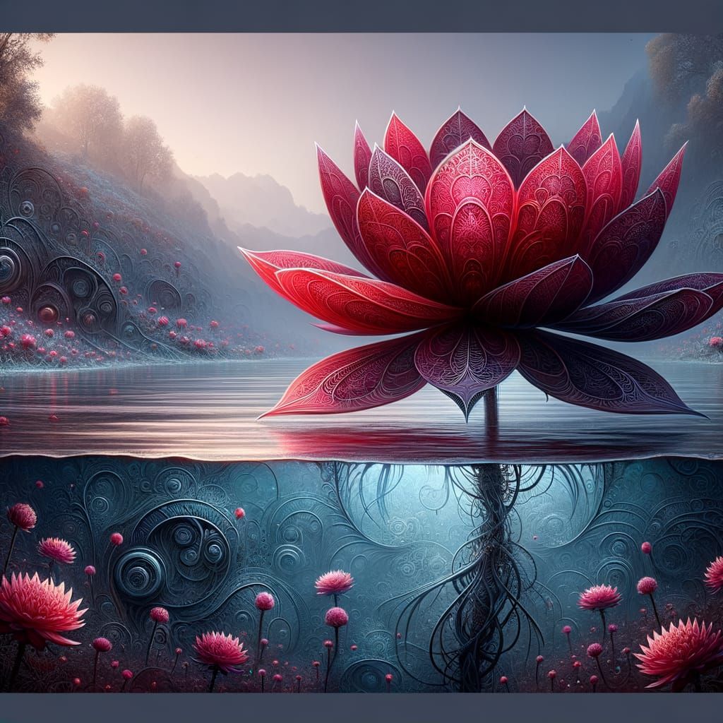 Dark Red Lotus Blooms Amidst Underwater Skeletons in a Fanta...