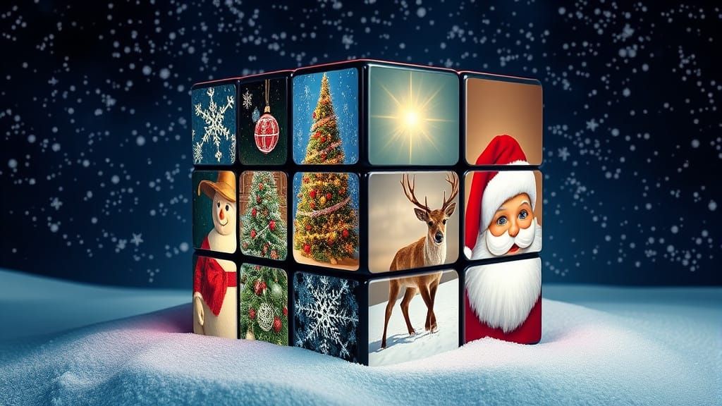 Christmas Scenes Inside Rubik's Cube in Vibrant Surrealism S...