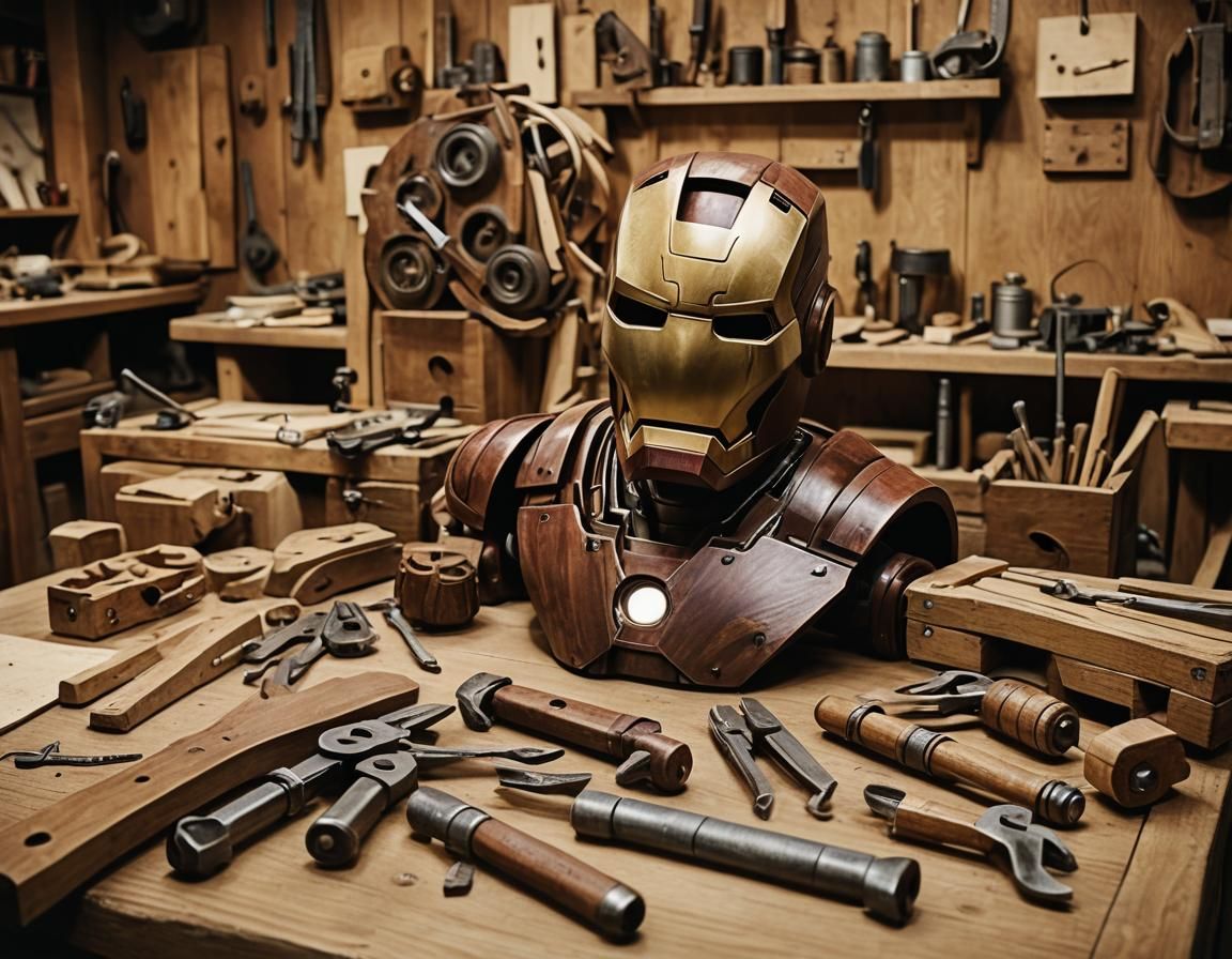 Intricate Wooden Iron Man Mask: Cinematic Film Still