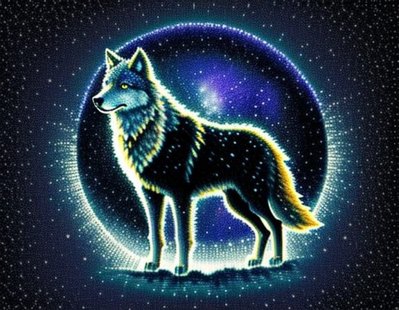 Wolf Emerging from Portal in Starry Pointillism