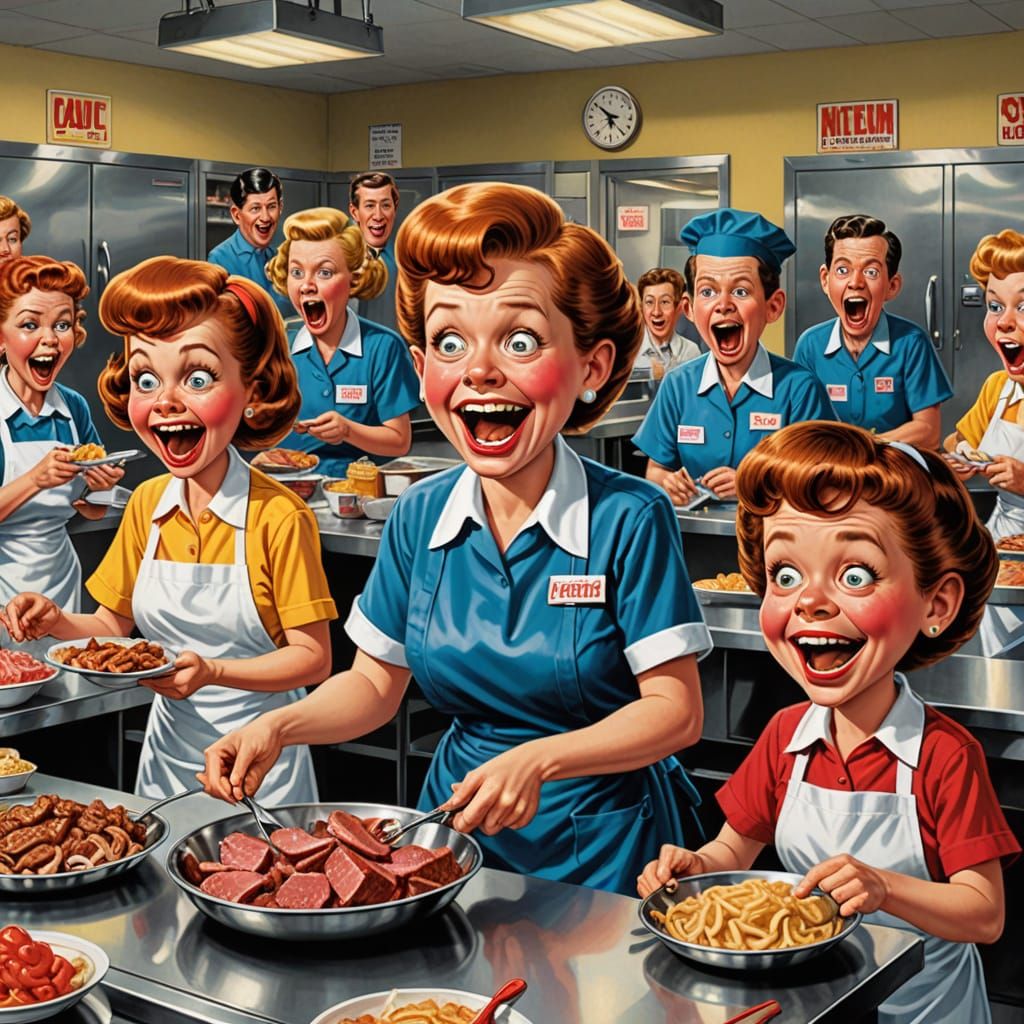 In the style of Mad Magazine : Frightening Lunch Ladies serv...