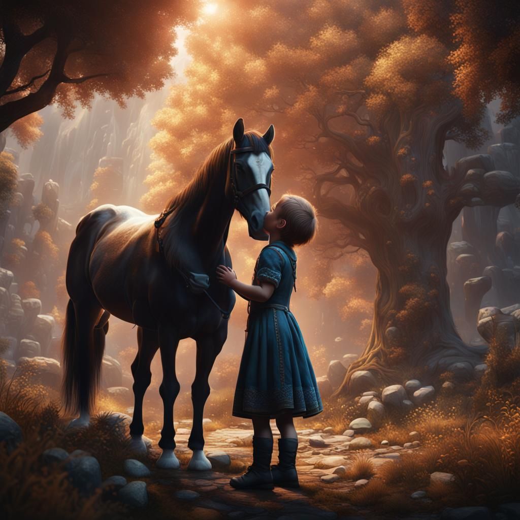 Baby Kisses Horse in Detailed Matte Painting