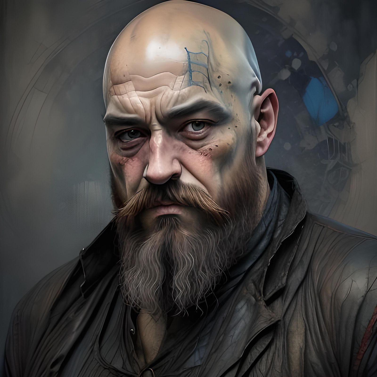 Portrait of Bald Man with Beard in Ink Style