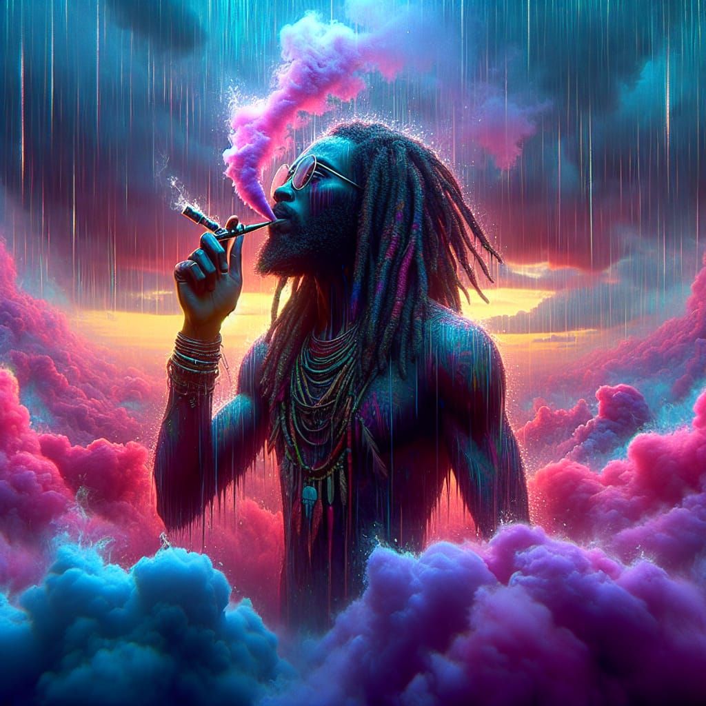 Vibrant Rainstorm: African Man Vaping, Fantasy Concept Art