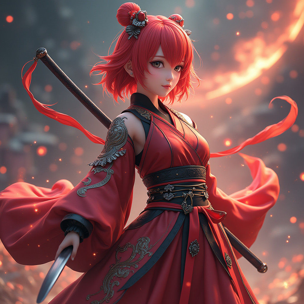 Anime-Inspired Red-Haired Ninja God in 3D
