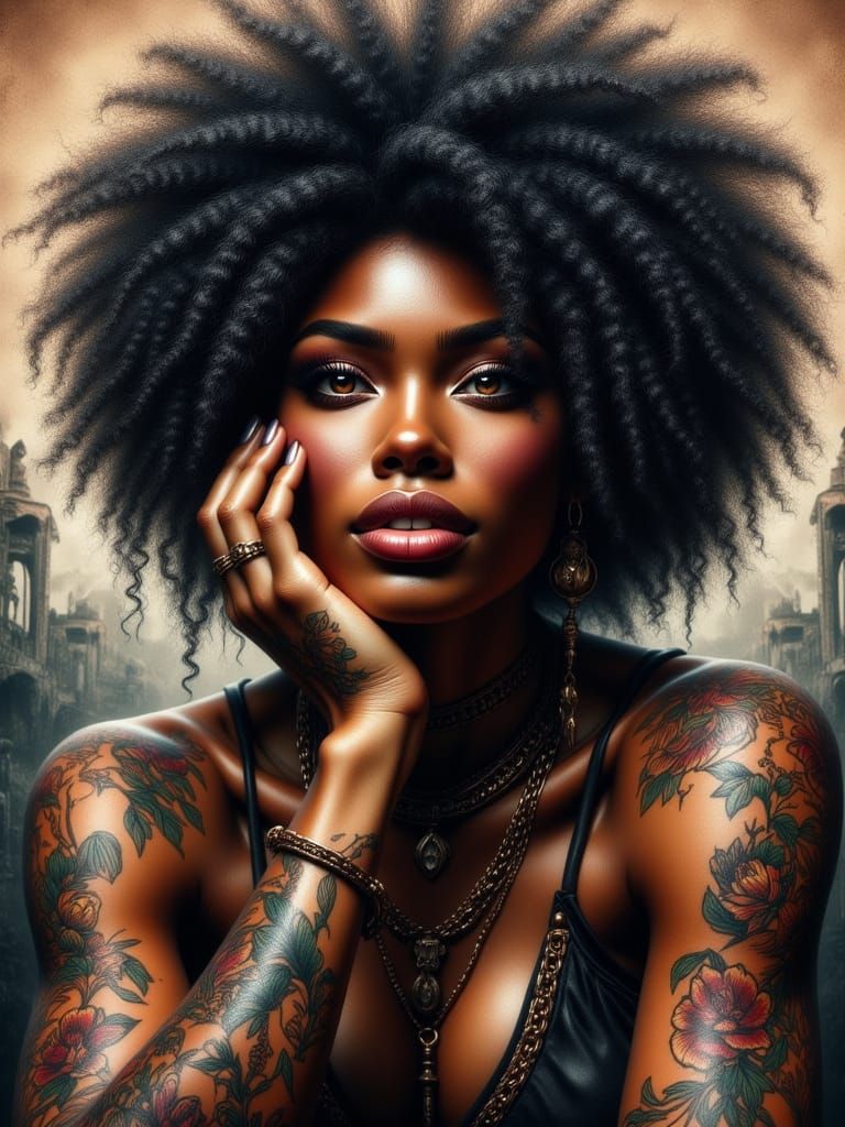 Gothic African Woman in Monochromatic Shadows with Afro and ...