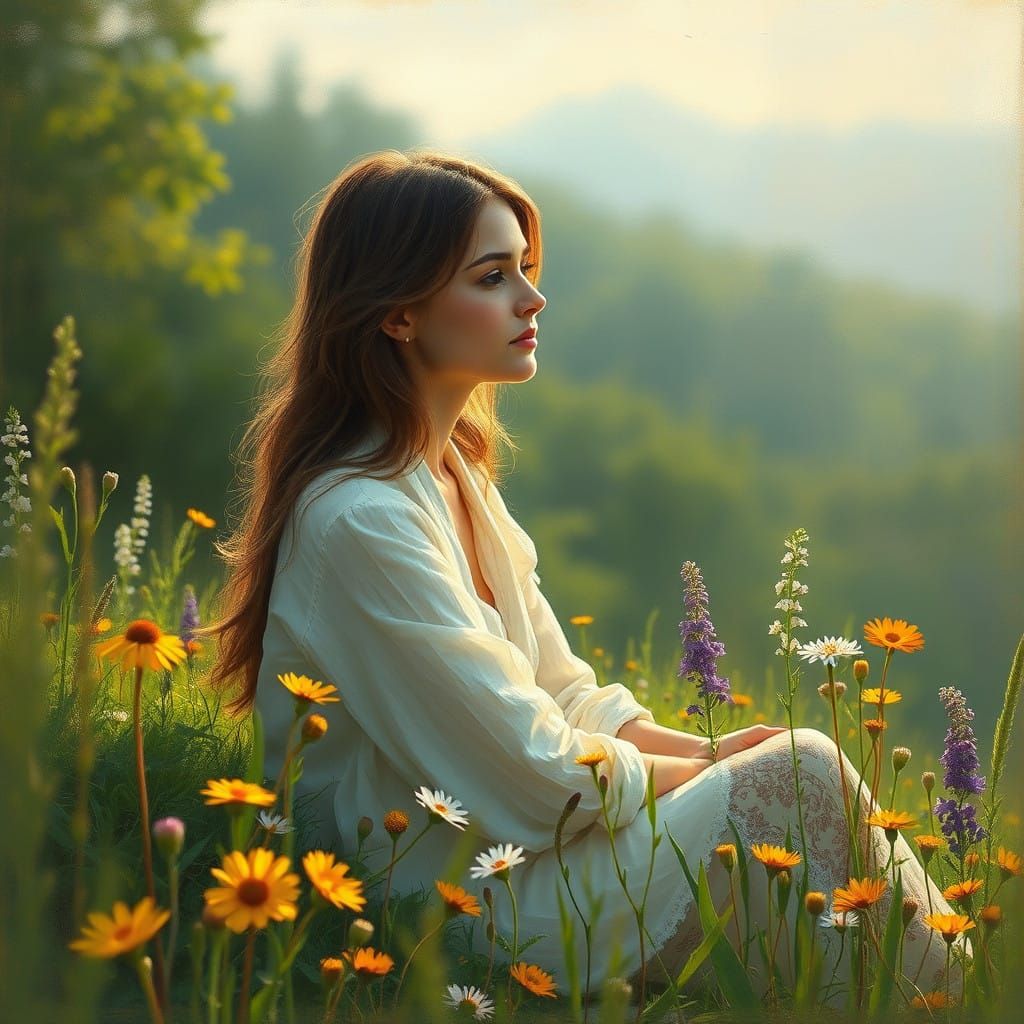 Woman in Lush Greenery with Vibrant Wildflowers