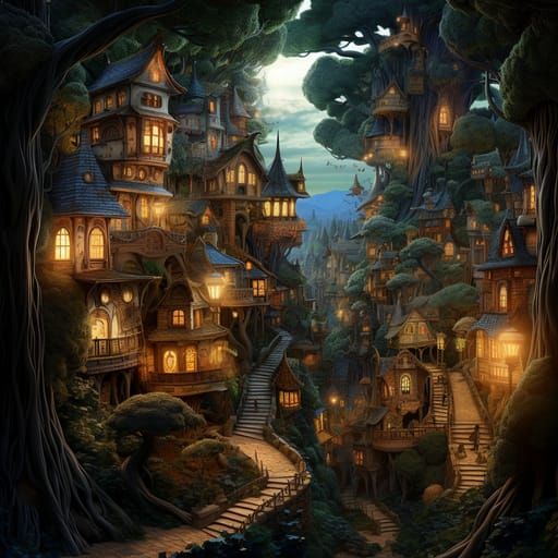 Surreal Fairytale Town in Dark Forest, Detailed Maya Render