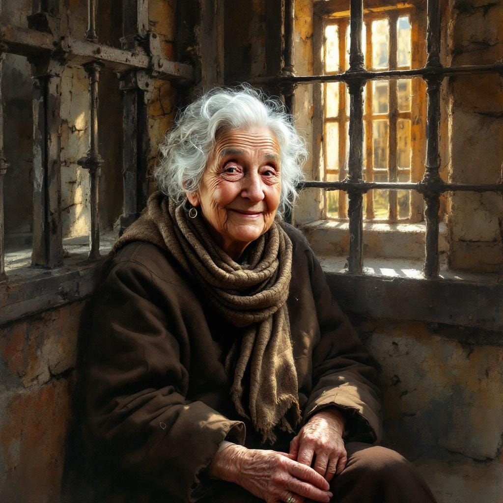 Elderly Woman's Contented Smile in Prison Cell