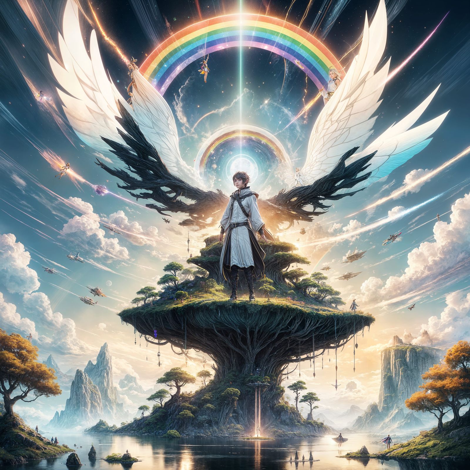 Anime Elf with Rainbow Wings on Floating Island