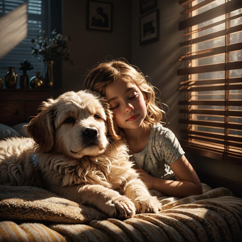 Girl and Puppy Sleeping in Sunlit Room