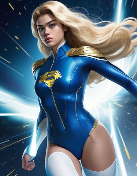 Power Girl: Blonde Superheroine in Iconic White and Blue Cos...