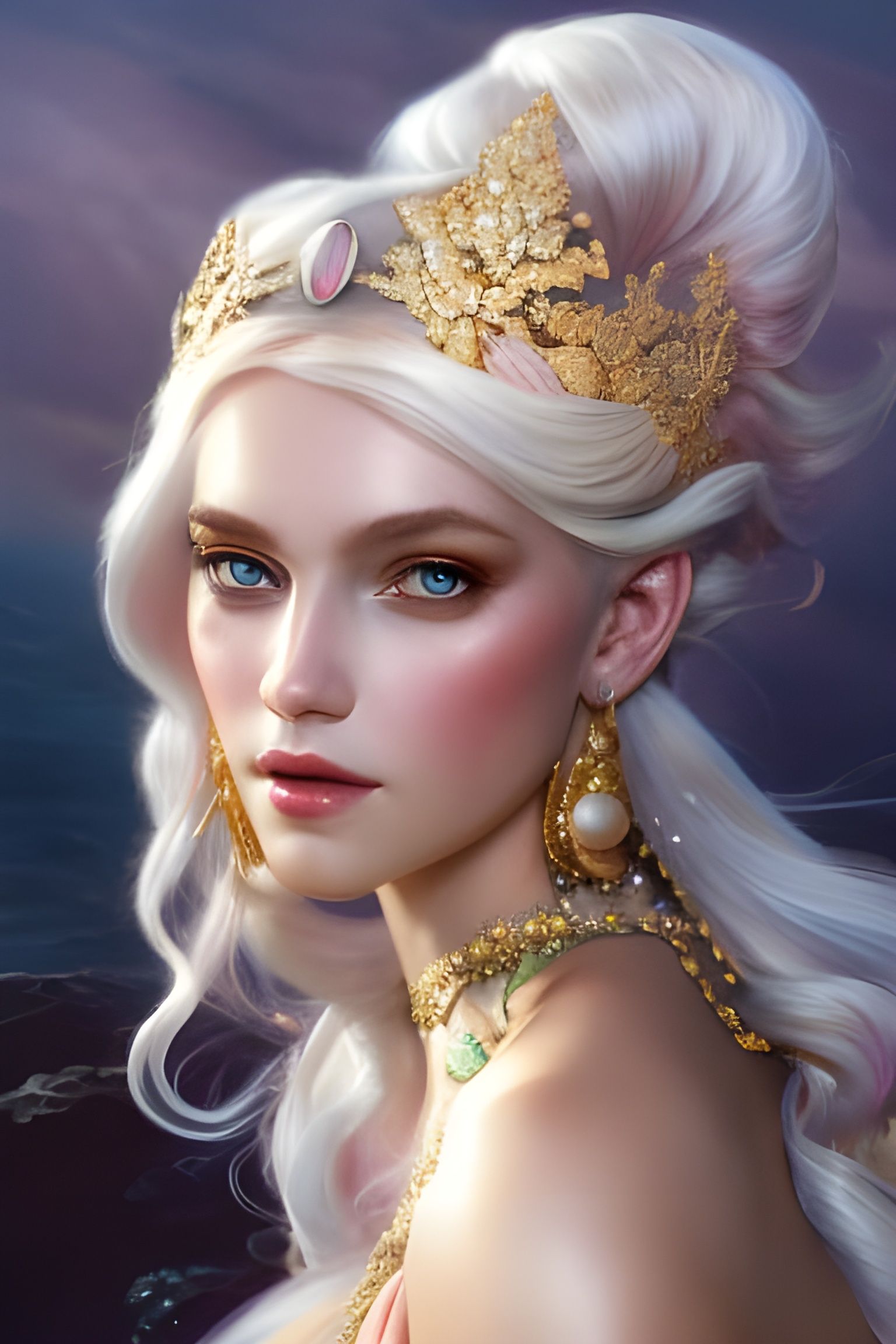 White-Haired Mermaid Princess Portrait in Hyperdetailed Styl...