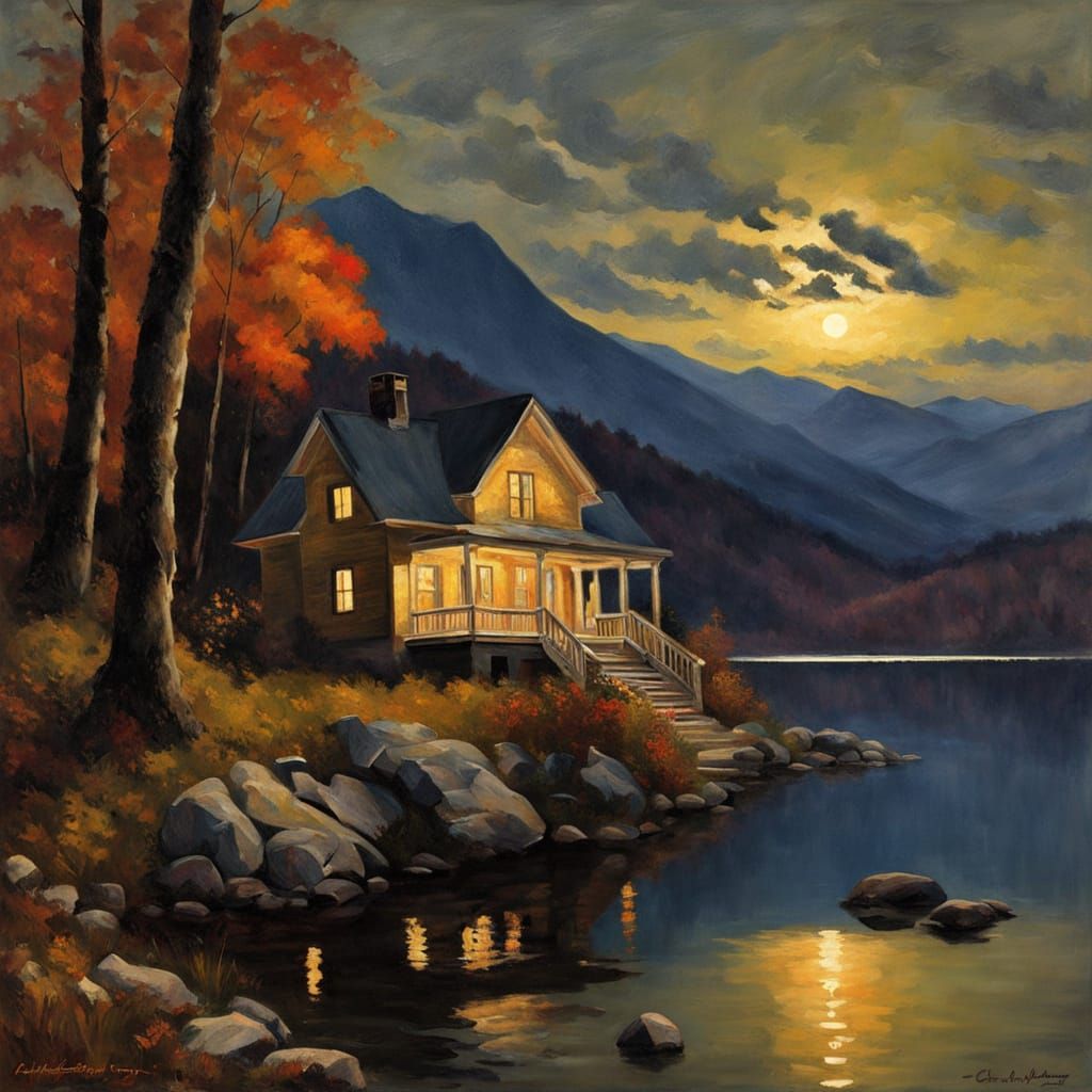 Vermont Lakeside Home in Autumn Nightscape, Oil Painting Sty...