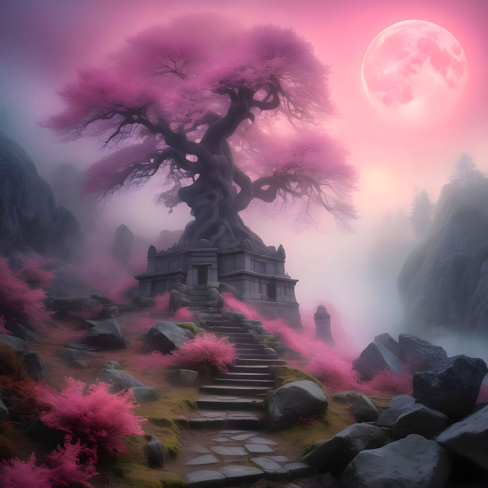 Ancient Cyclopean Temple Under a Gibbous Moon