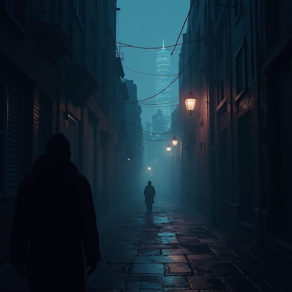 Dark Thriller Scene in a Foreboding Alleyway
