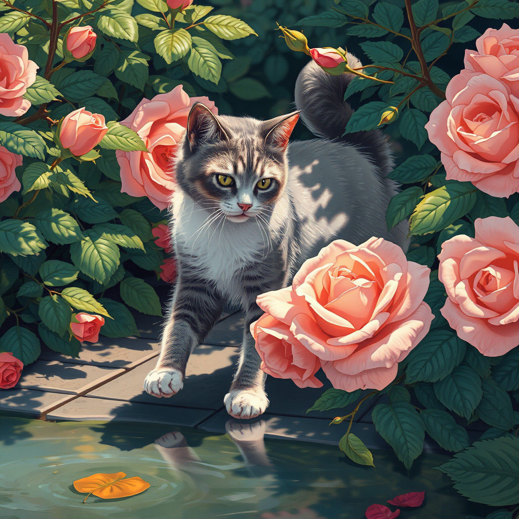 Cat Among Roses in Comic Book Art Style