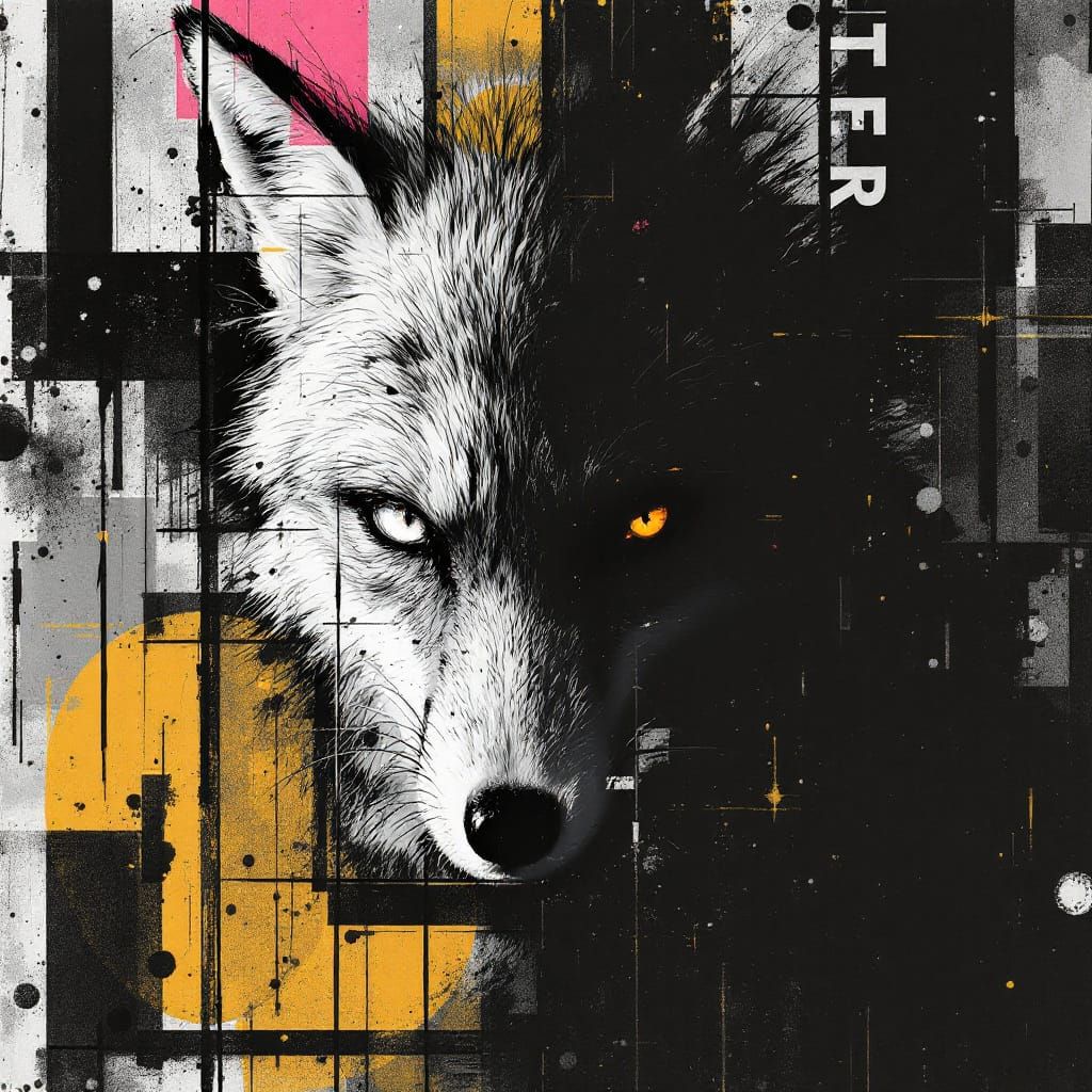 Stylized Portrait Amidst Geometric Chaos and Ink Splatters