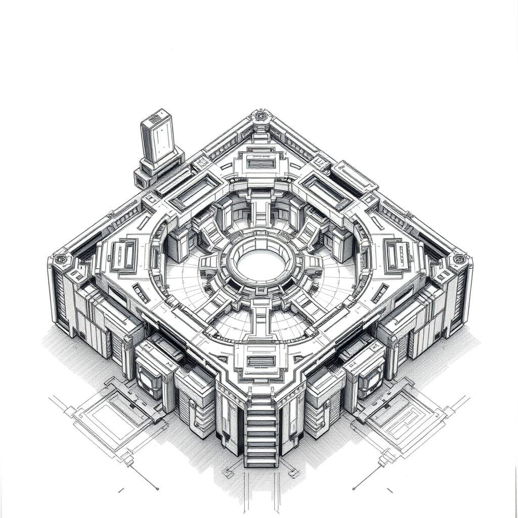 Space Station Reactor Core: Axonometric Pencil Sketch