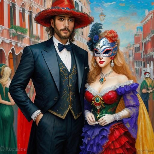 Romantic Venice Carnival Scene in Expressive Impasto Style