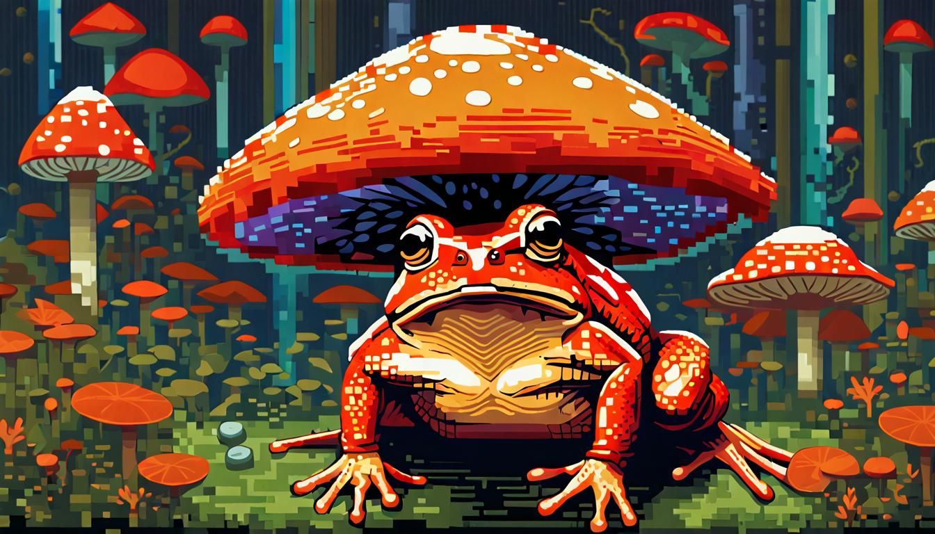 Leaping Toad and Mushroom in Pixel Art