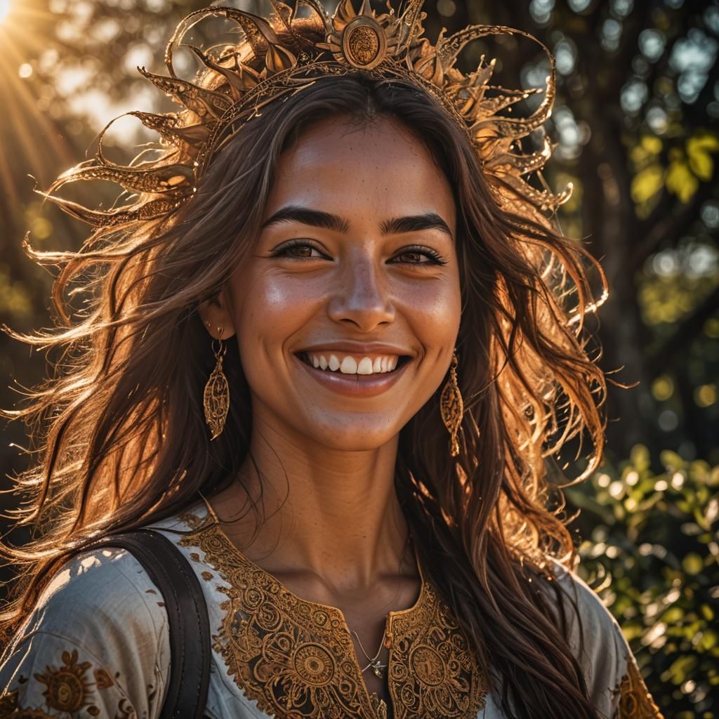 Radiant Girl Smiling in Sunlight: Hyperrealistic Portrait