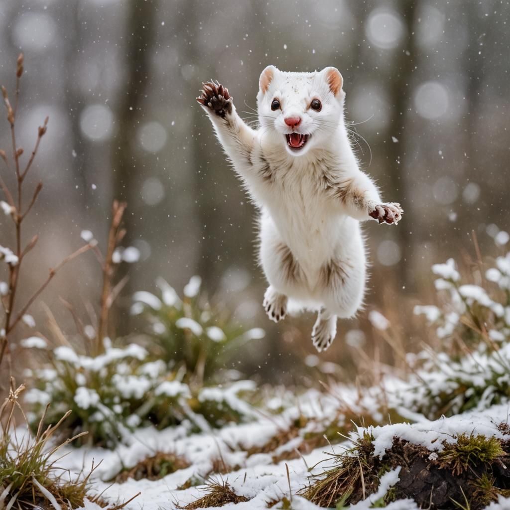 White Stoat Mid-Leap in Snowy Landscape