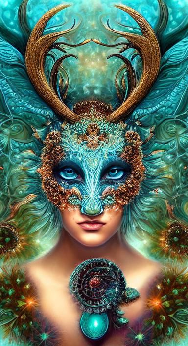 Solarpunk Reindeer with Fractal Horns in Enchanted Forest