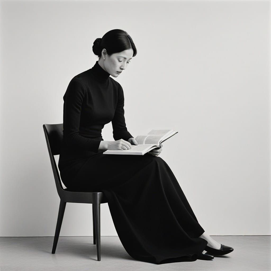 Serenely Seated Figure in Elegant Lines, Lost in a Book