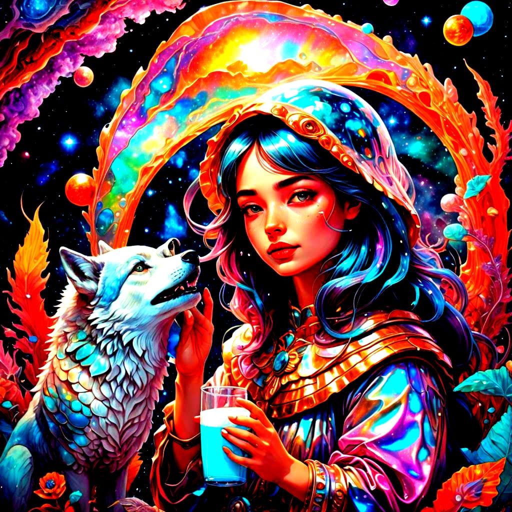Girl in Shell with Wolf: Astral Cosmic Illustration