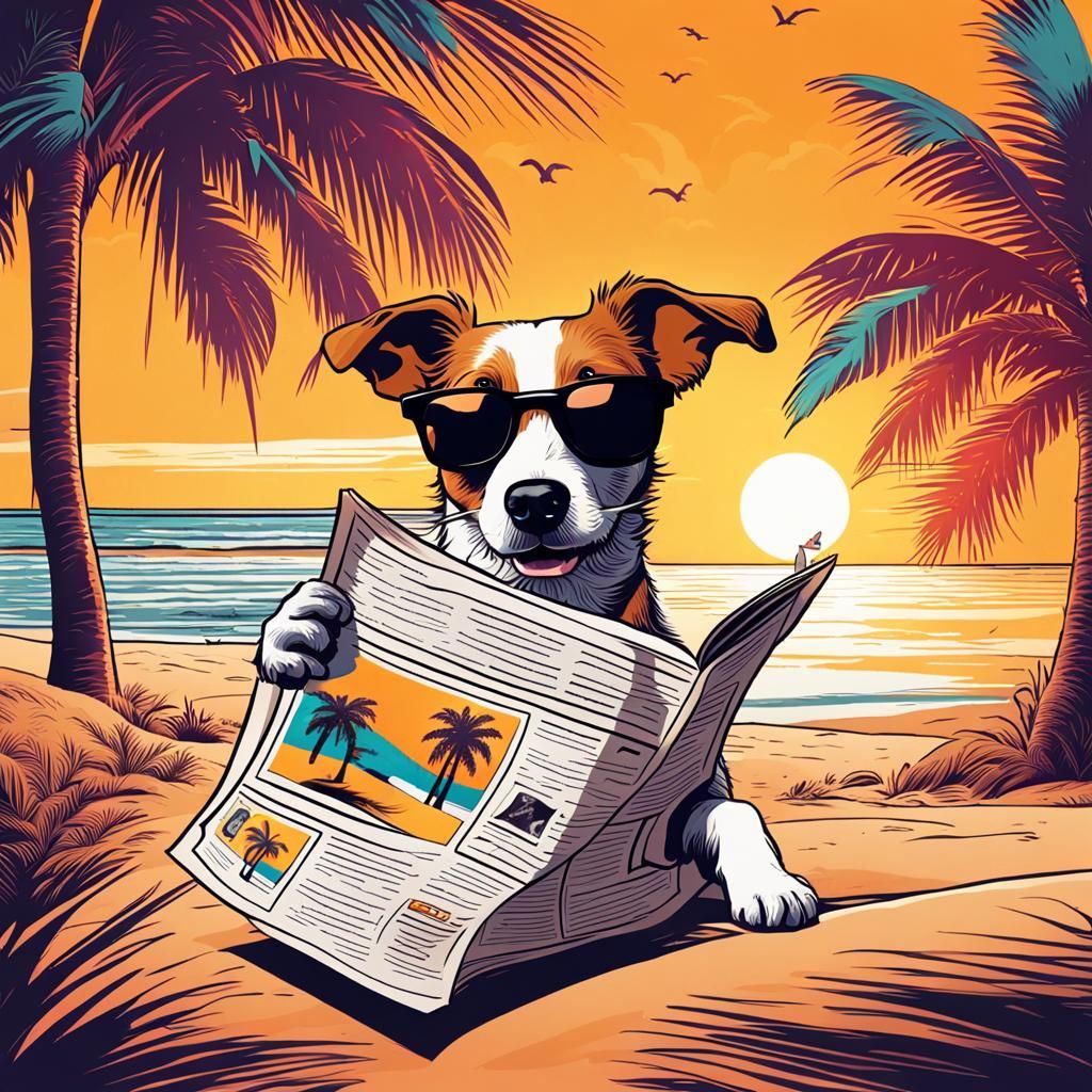 Dog Reads Newspaper on Beach in Retro Comic Style