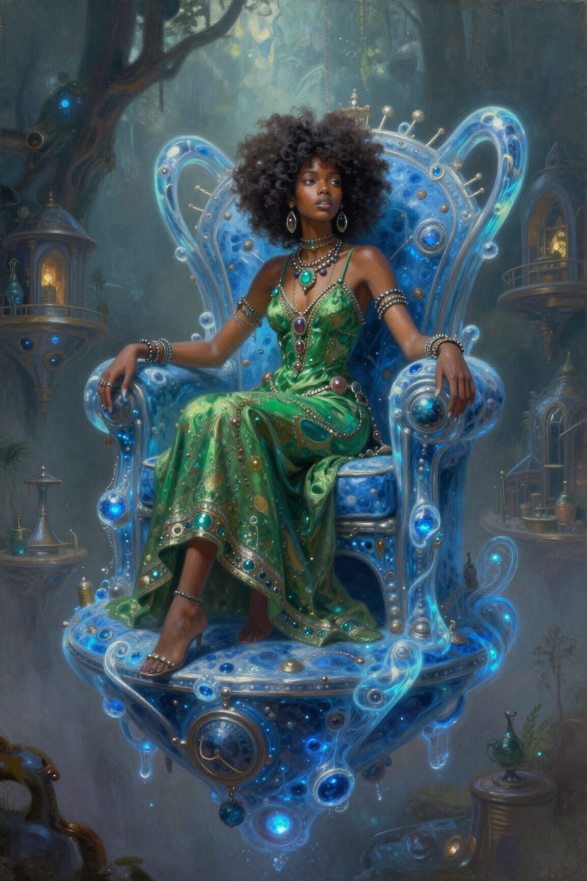 Ocean Punk Afro Queen on Bioluminescent Throne