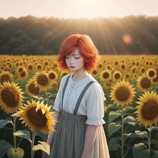Origami Boy Singing in Sunflower Field at Sunrise