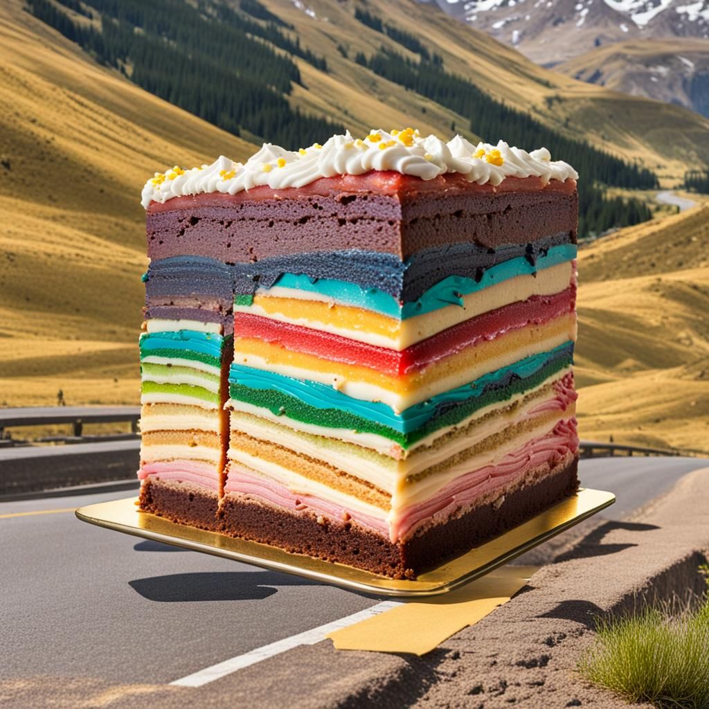 Colorful Layer Cake Slice in Mountain Road