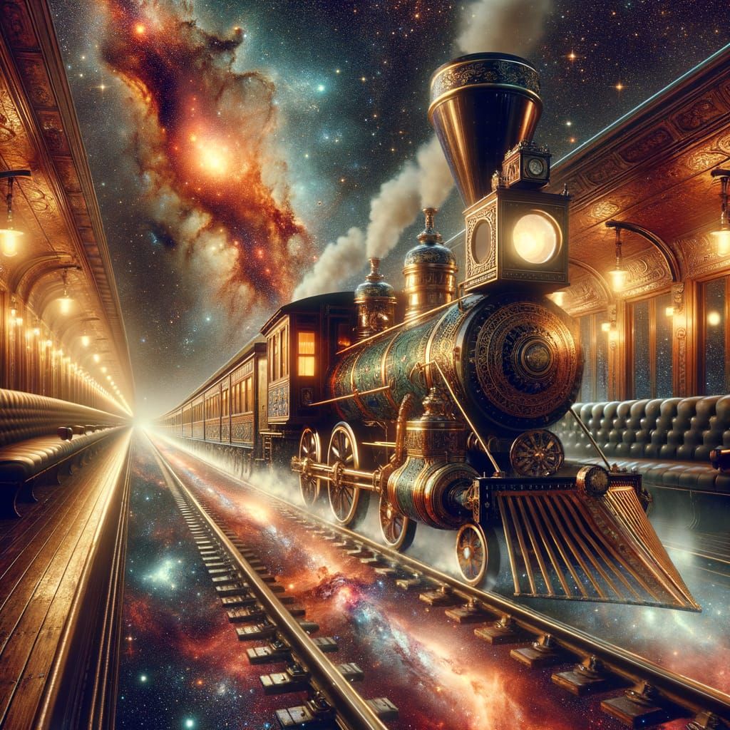 Steampunk Train Journeys Through Starry Nebula