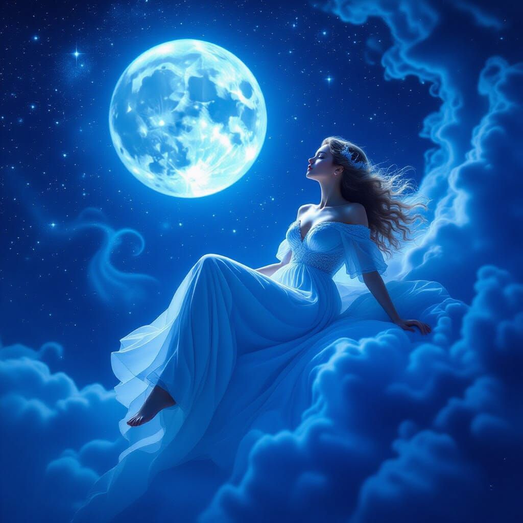 Ethereal Woman Floating in Starry Night Sky with Blue Moon