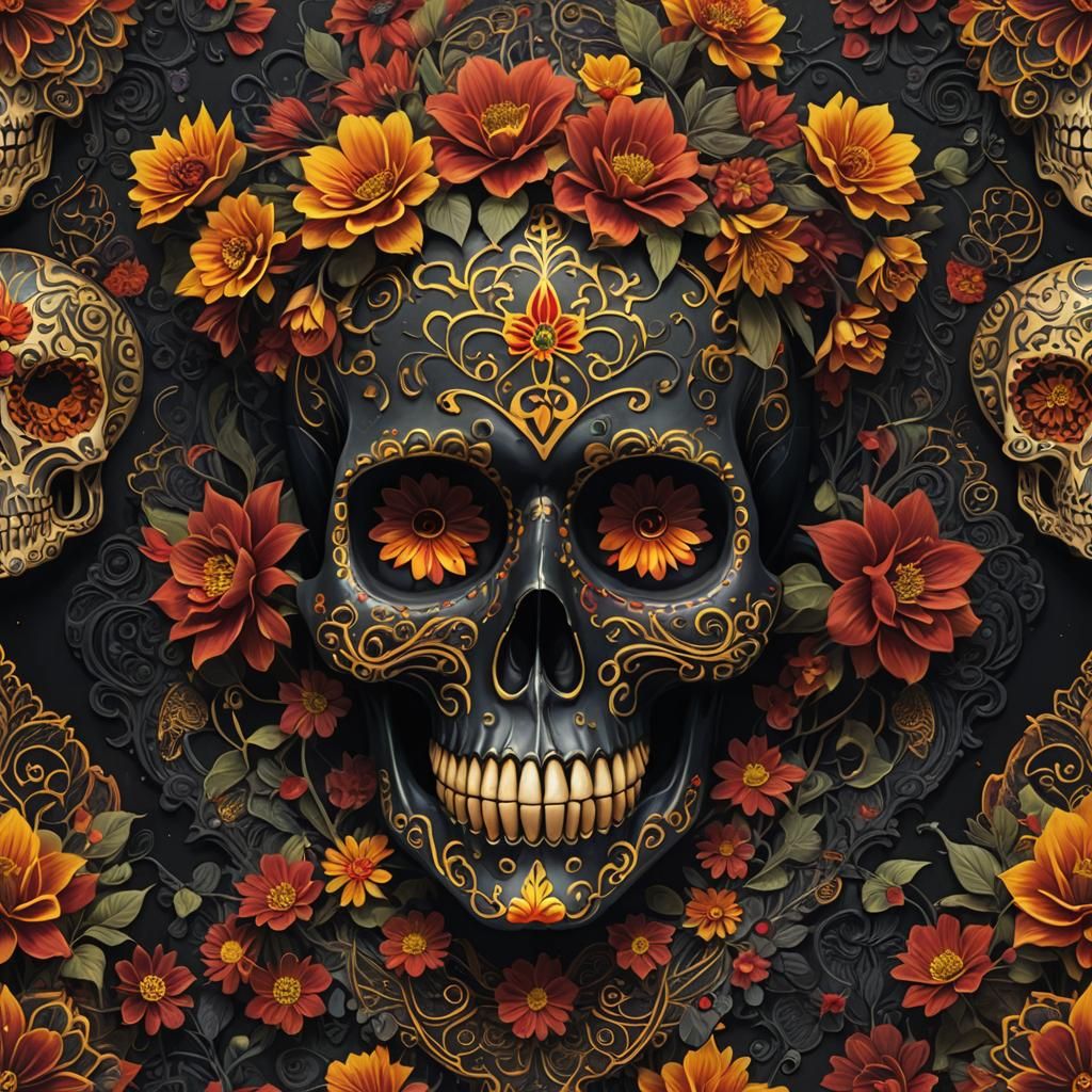 Detailed Sugar Skull with Red and Yellow Flowers