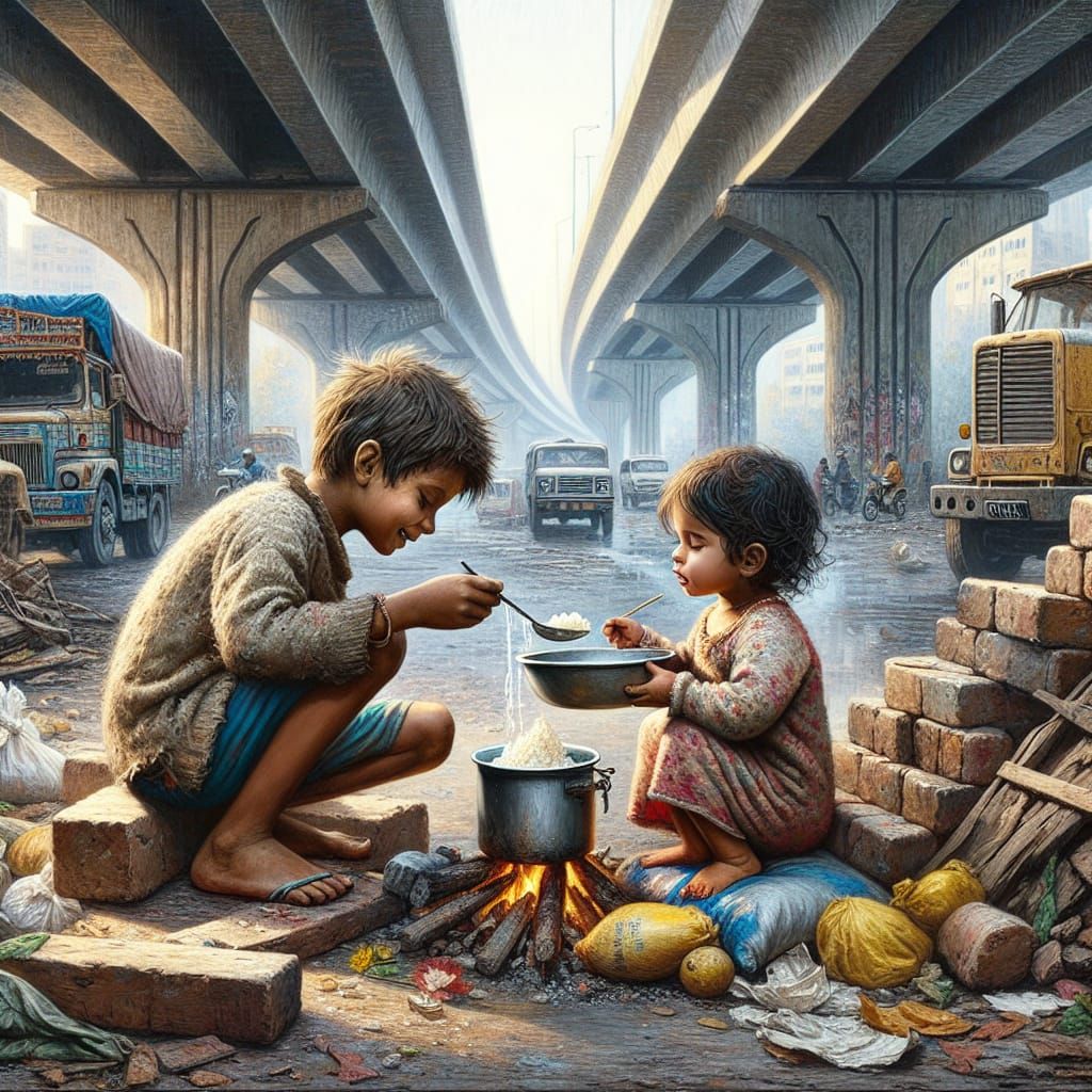 Boy Caring for Sister: An Oil Painting of Resilience