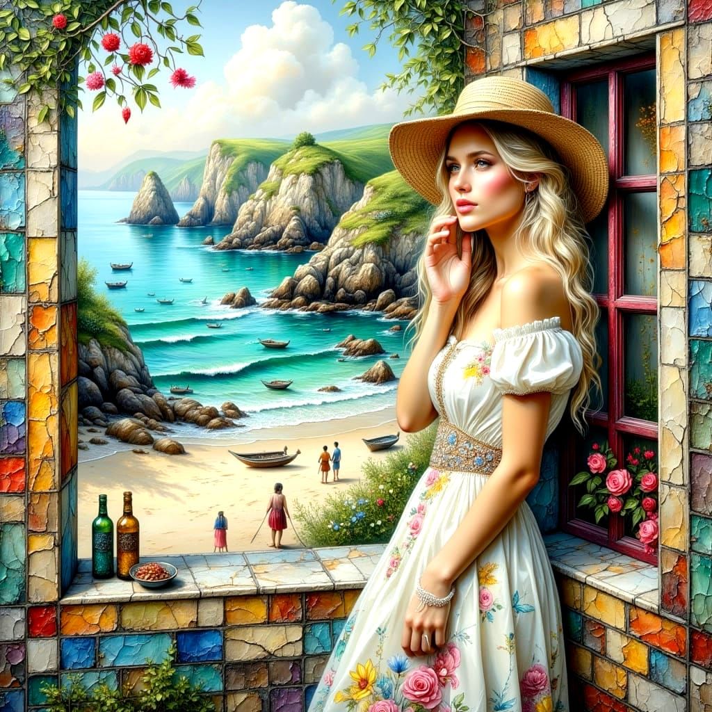 Irish Harbor View with Blonde, Impasto Oil Painting