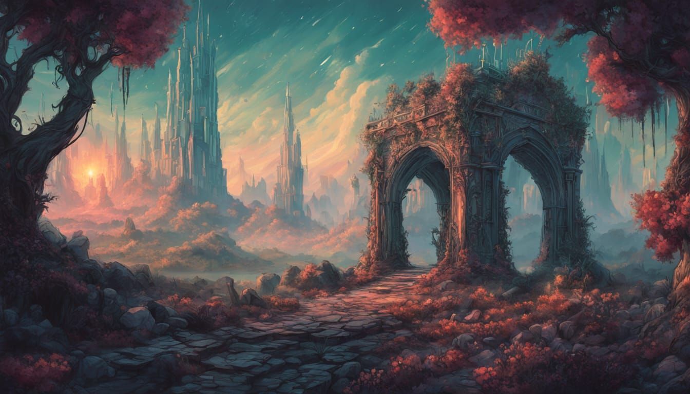 Alien Jungle Gate With Bioluminescent Flora