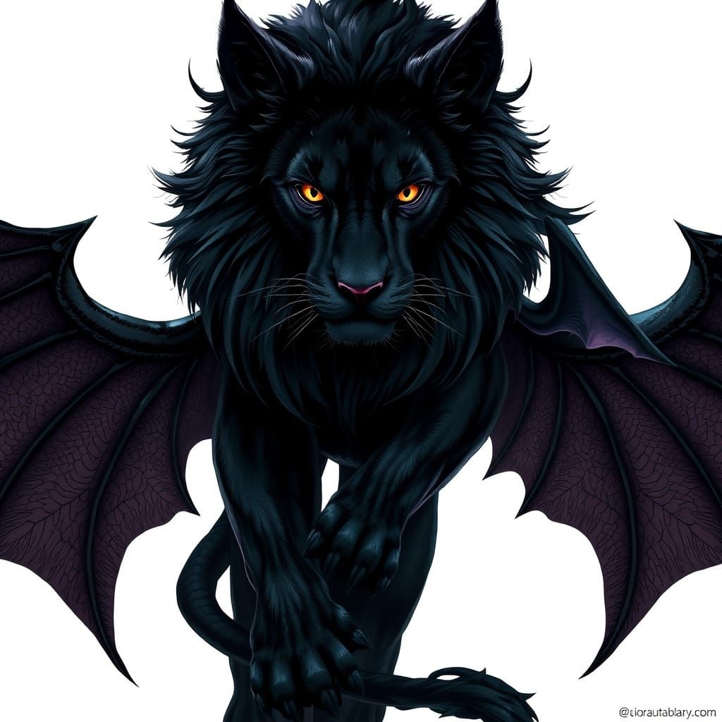 Mythical Black Lioness with Bat Wings